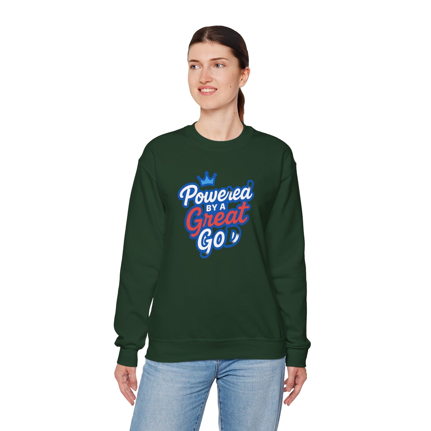 Powered by a Great God Crewneck Sweatshirt — Christian Faith Graphic Sweatshirt