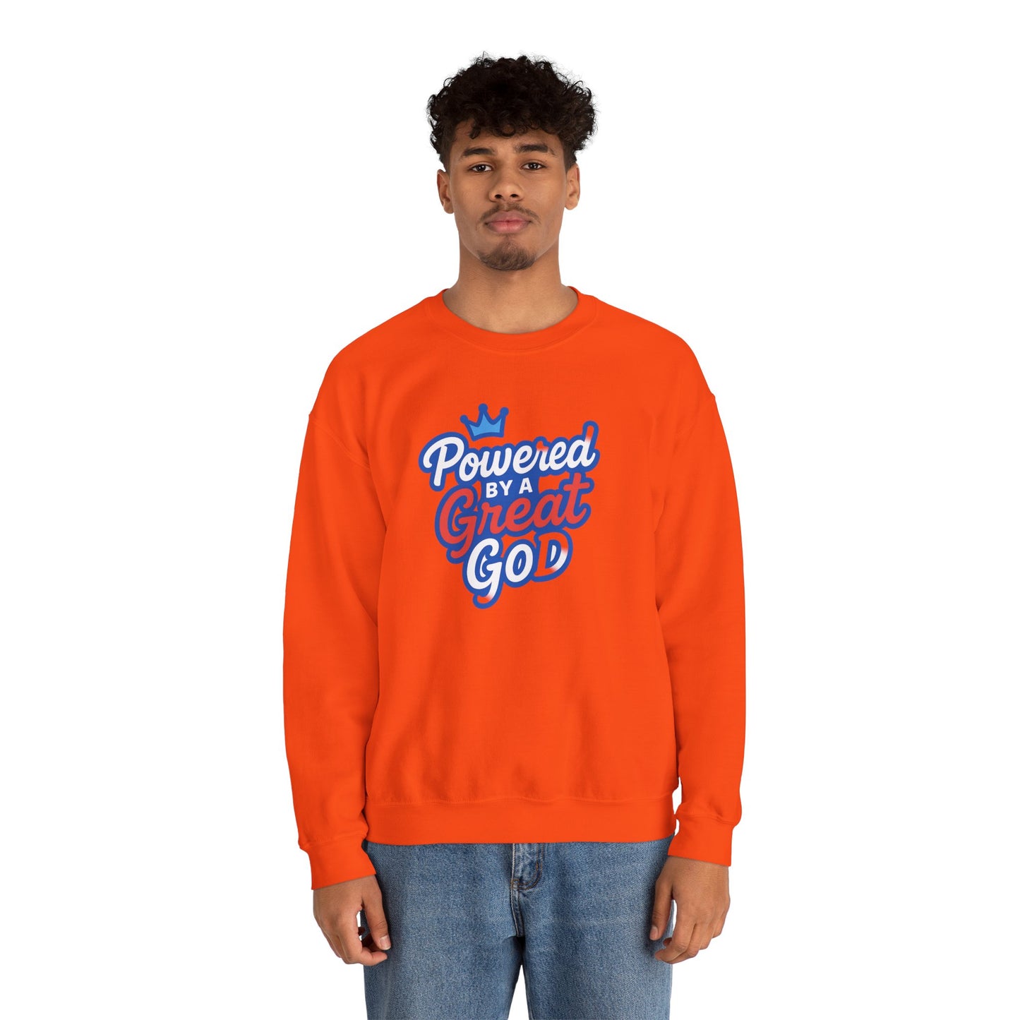 Powered by a Great God Crewneck Sweatshirt — Christian Faith Graphic Sweatshirt