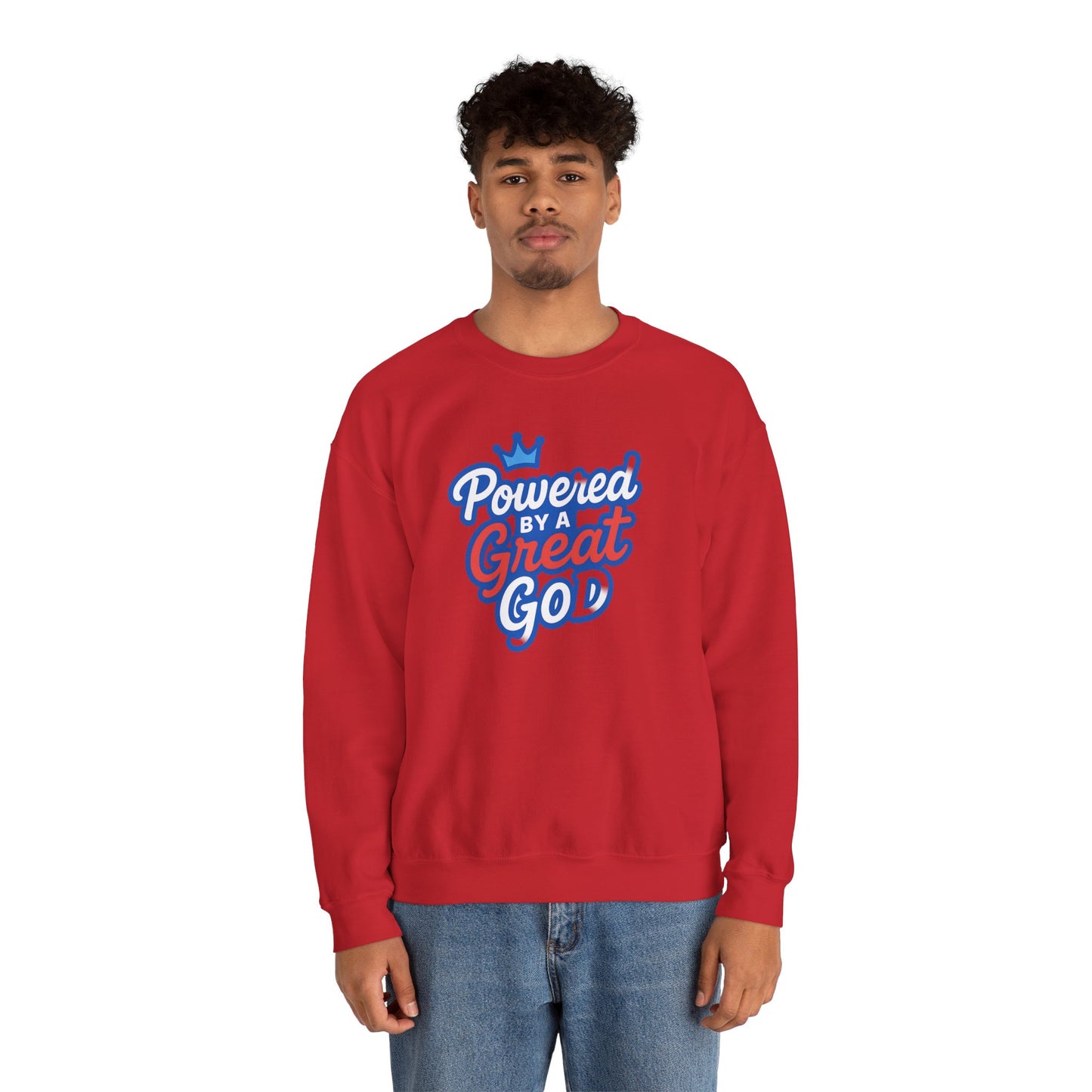 Powered by a Great God Crewneck Sweatshirt — Christian Faith Graphic Sweatshirt