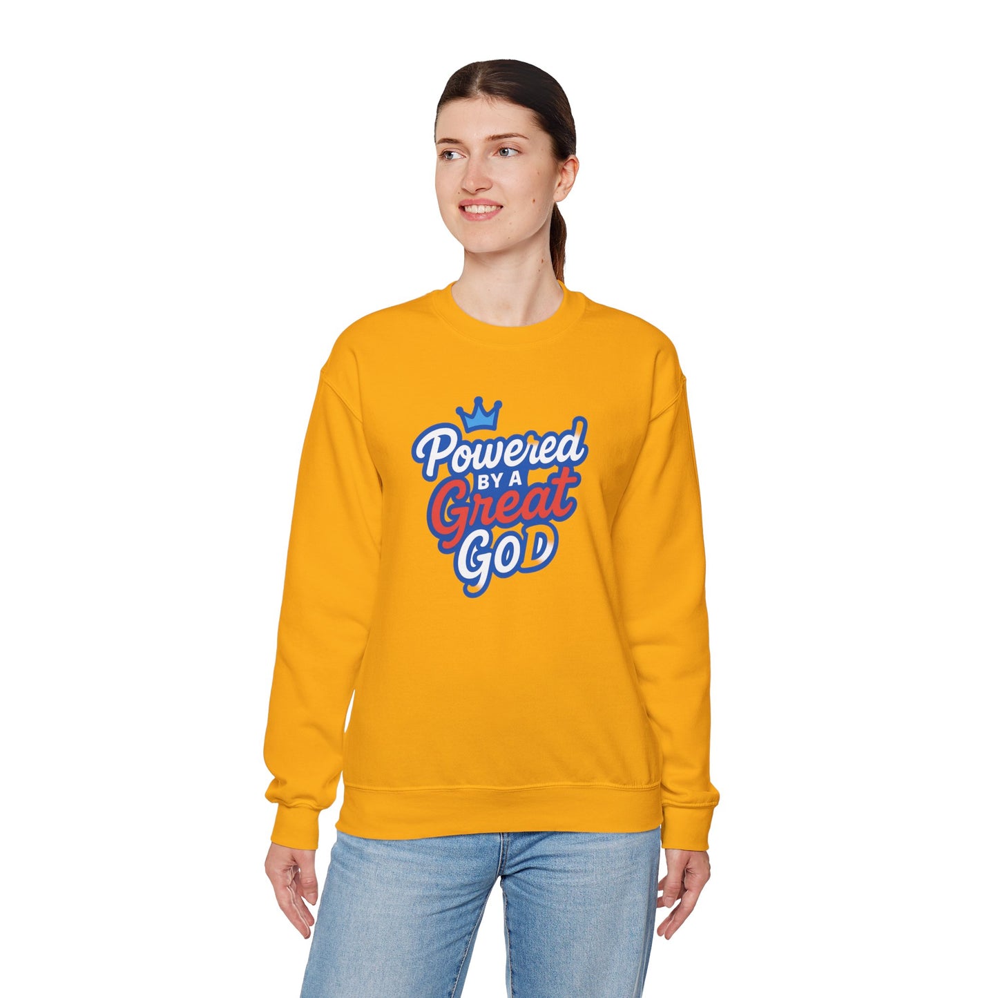Powered by a Great God Crewneck Sweatshirt — Christian Faith Graphic Sweatshirt