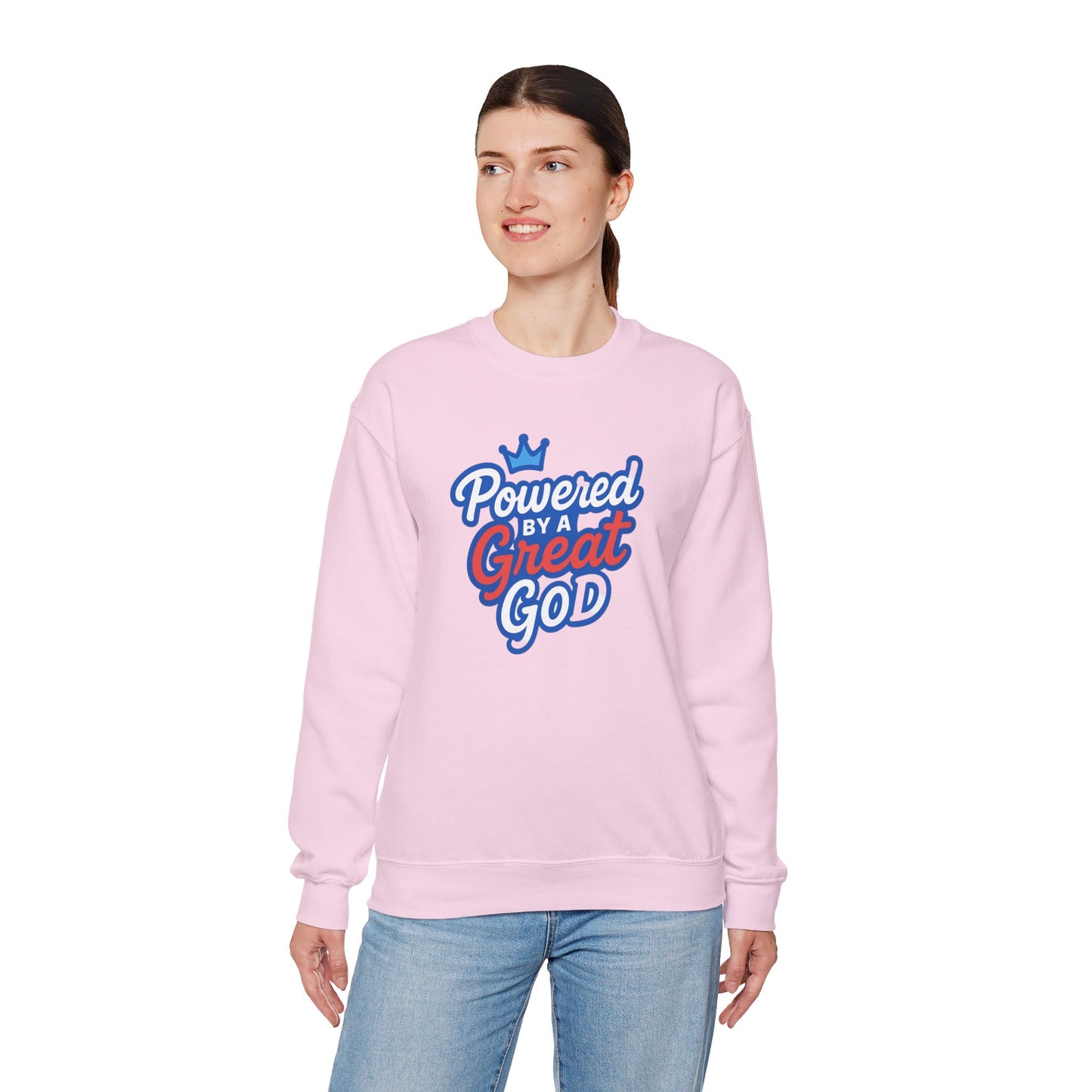 Powered by a Great God Crewneck Sweatshirt — Christian Faith Graphic Sweatshirt