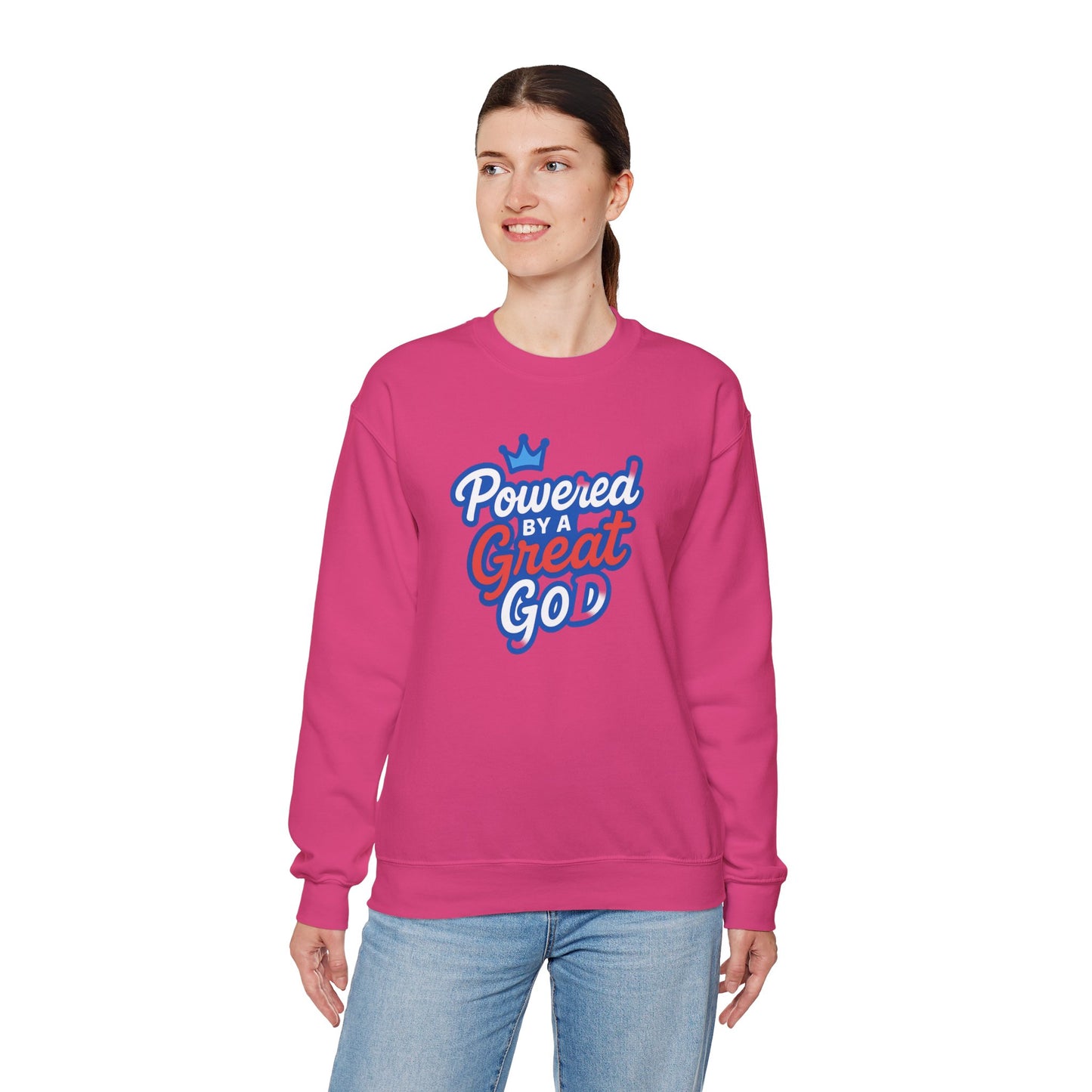 Powered by a Great God Crewneck Sweatshirt — Christian Faith Graphic Sweatshirt