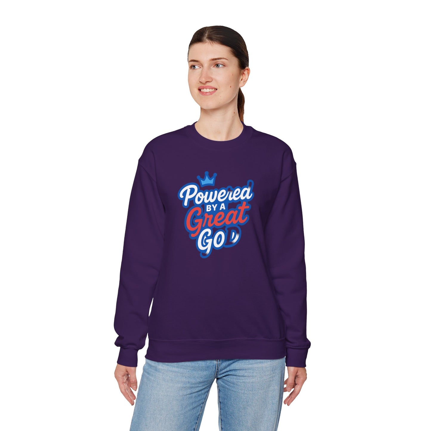 Powered by a Great God Crewneck Sweatshirt — Christian Faith Graphic Sweatshirt
