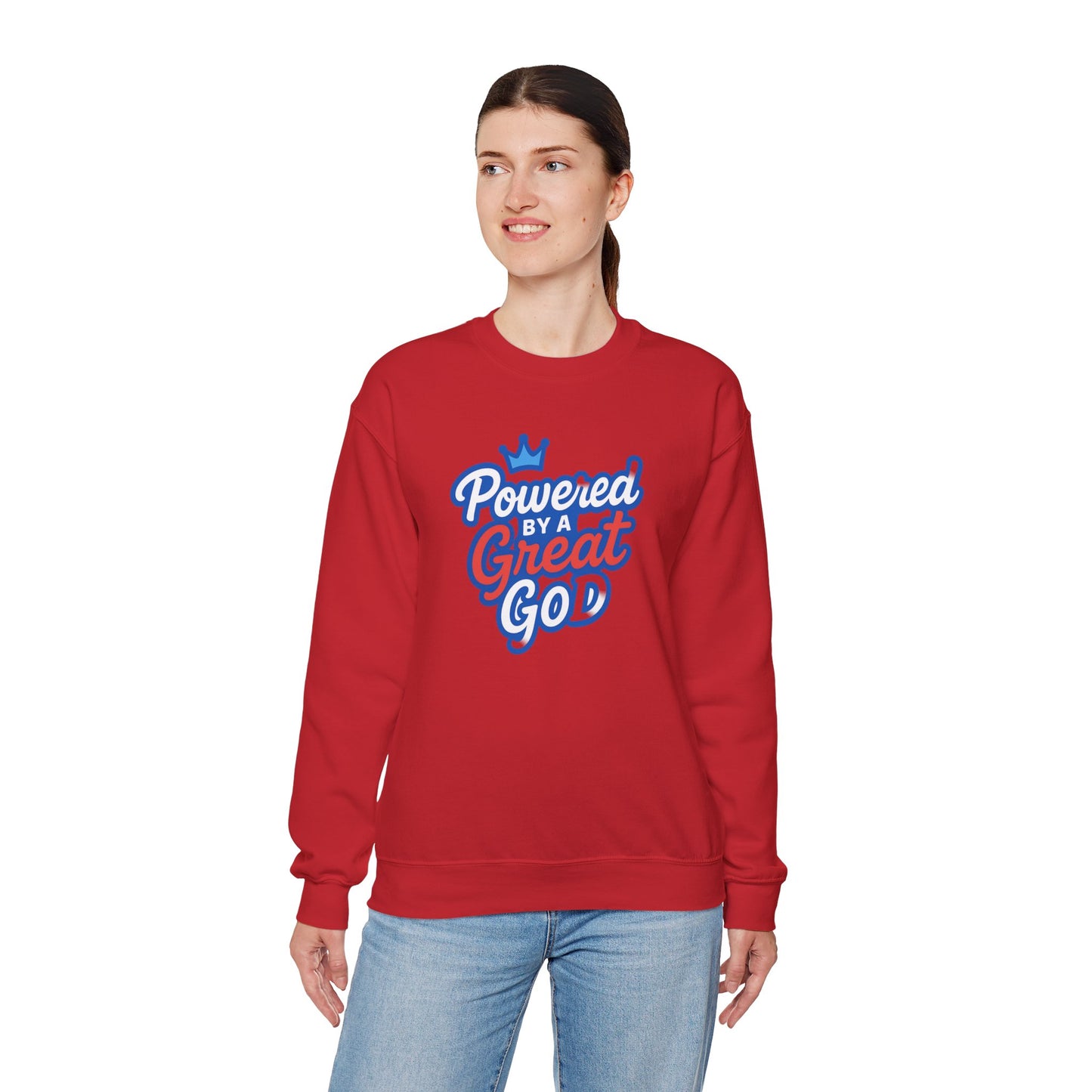 Powered by a Great God Crewneck Sweatshirt — Christian Faith Graphic Sweatshirt