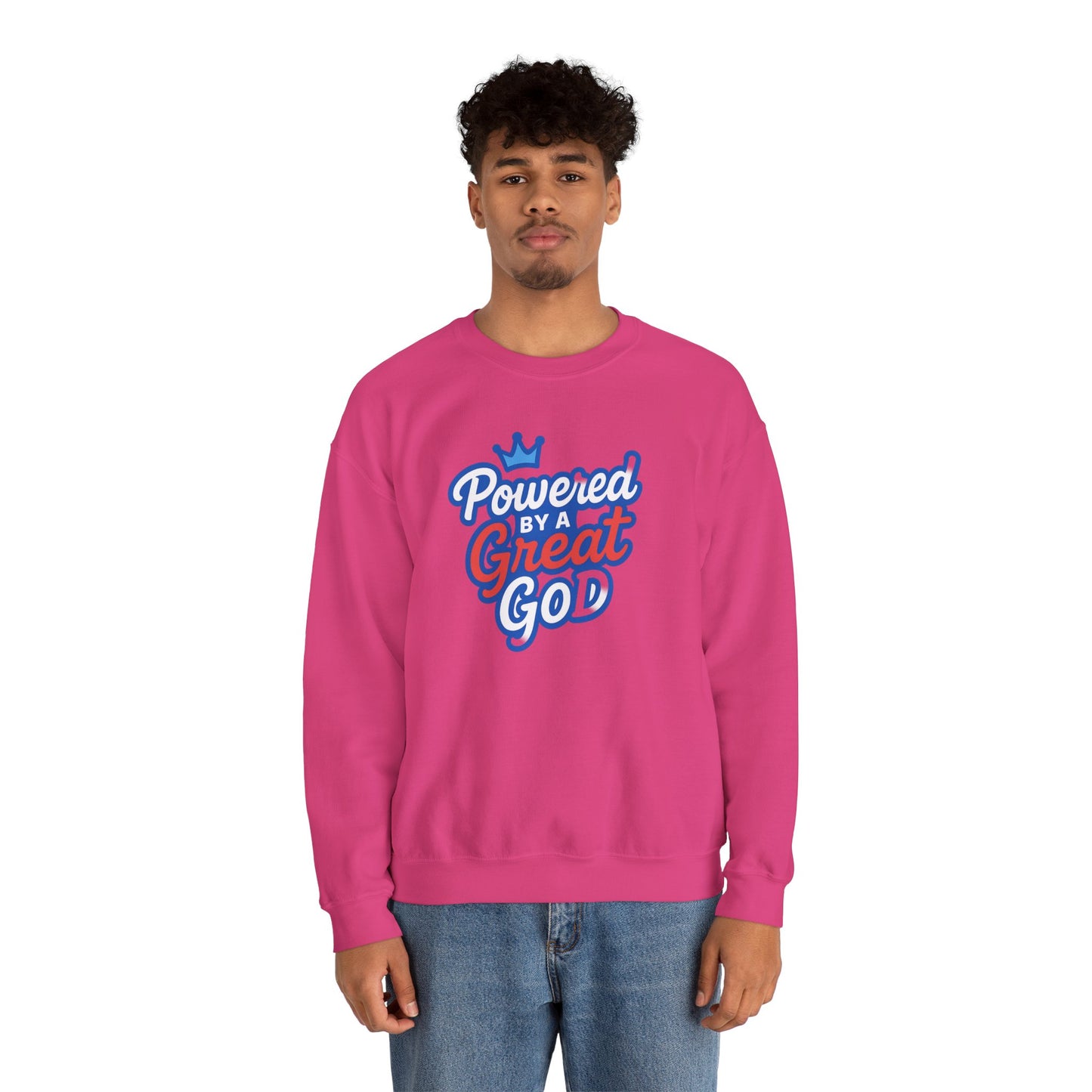 Powered by a Great God Crewneck Sweatshirt — Christian Faith Graphic Sweatshirt