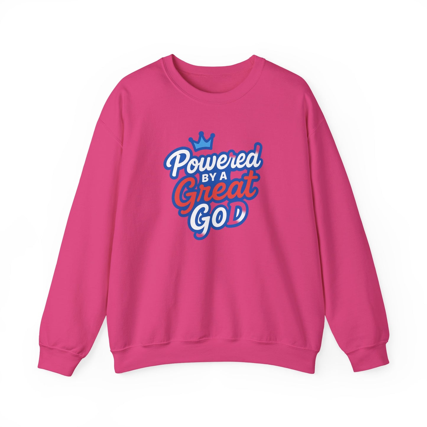 Powered by a Great God Crewneck Sweatshirt — Christian Faith Graphic Sweatshirt