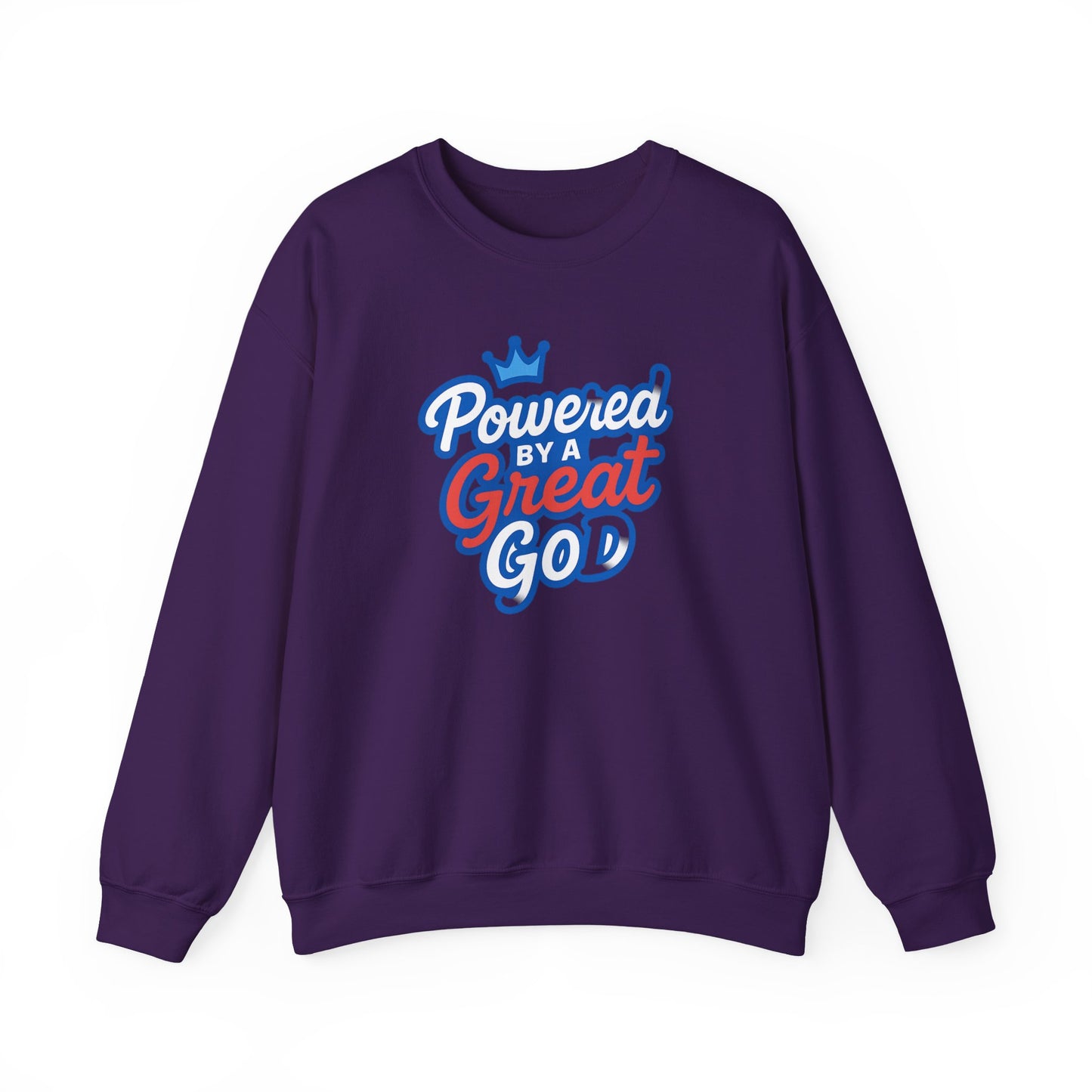 Powered by a Great God Crewneck Sweatshirt — Christian Faith Graphic Sweatshirt
