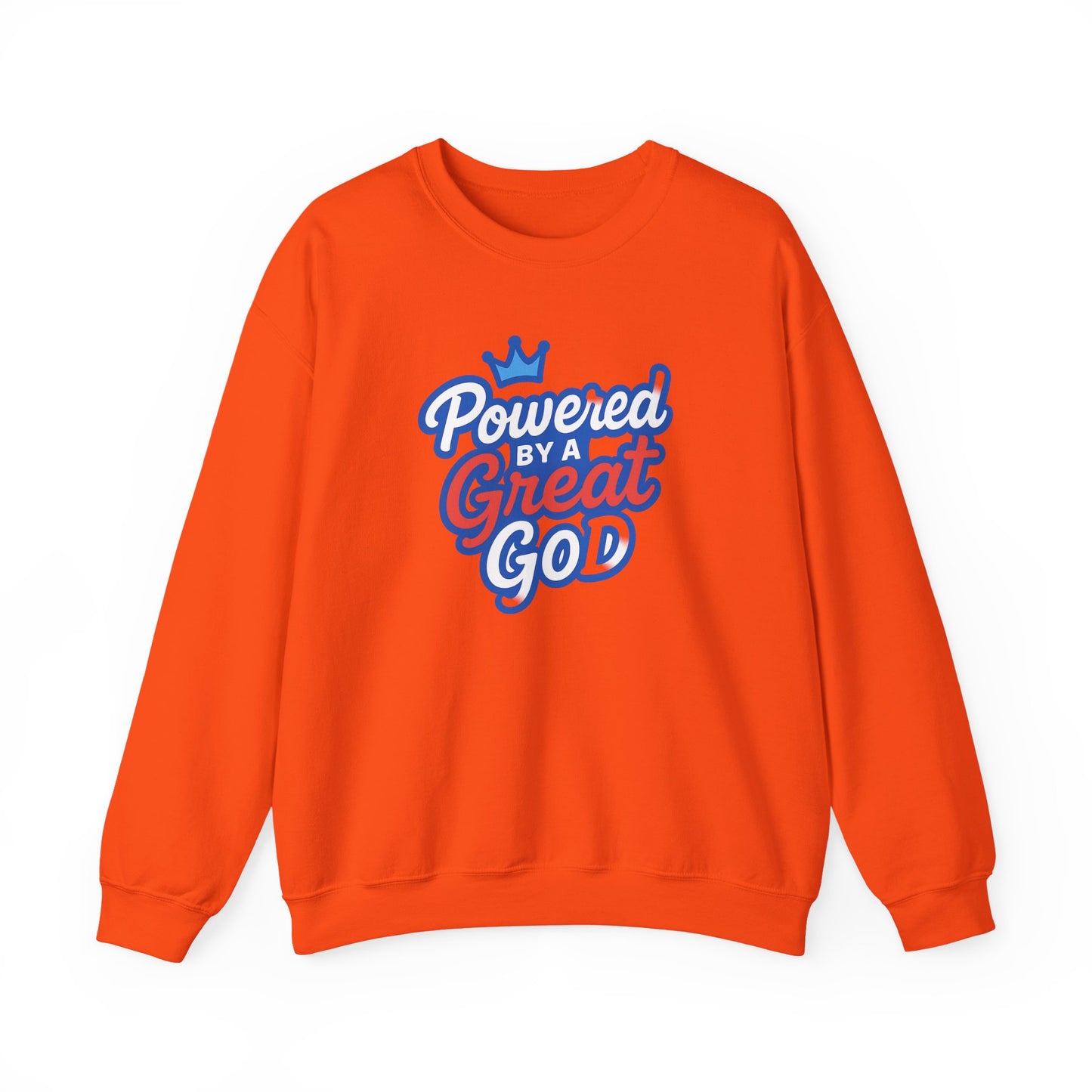 Powered by a Great God Crewneck Sweatshirt — Christian Faith Graphic Sweatshirt