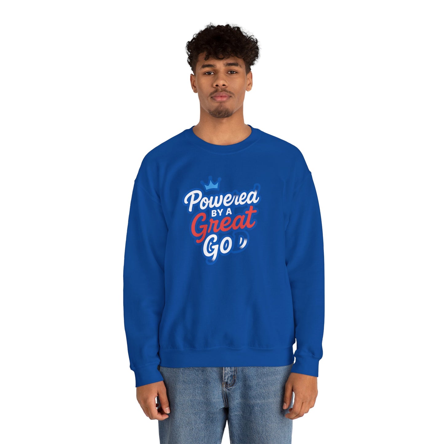 Powered by a Great God Crewneck Sweatshirt — Christian Faith Graphic Sweatshirt