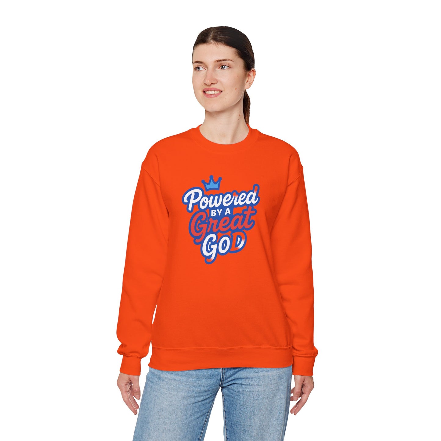 Powered by a Great God Crewneck Sweatshirt — Christian Faith Graphic Sweatshirt