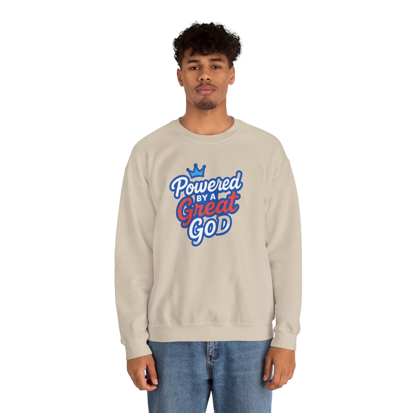 Powered by a Great God Crewneck Sweatshirt — Christian Faith Graphic Sweatshirt
