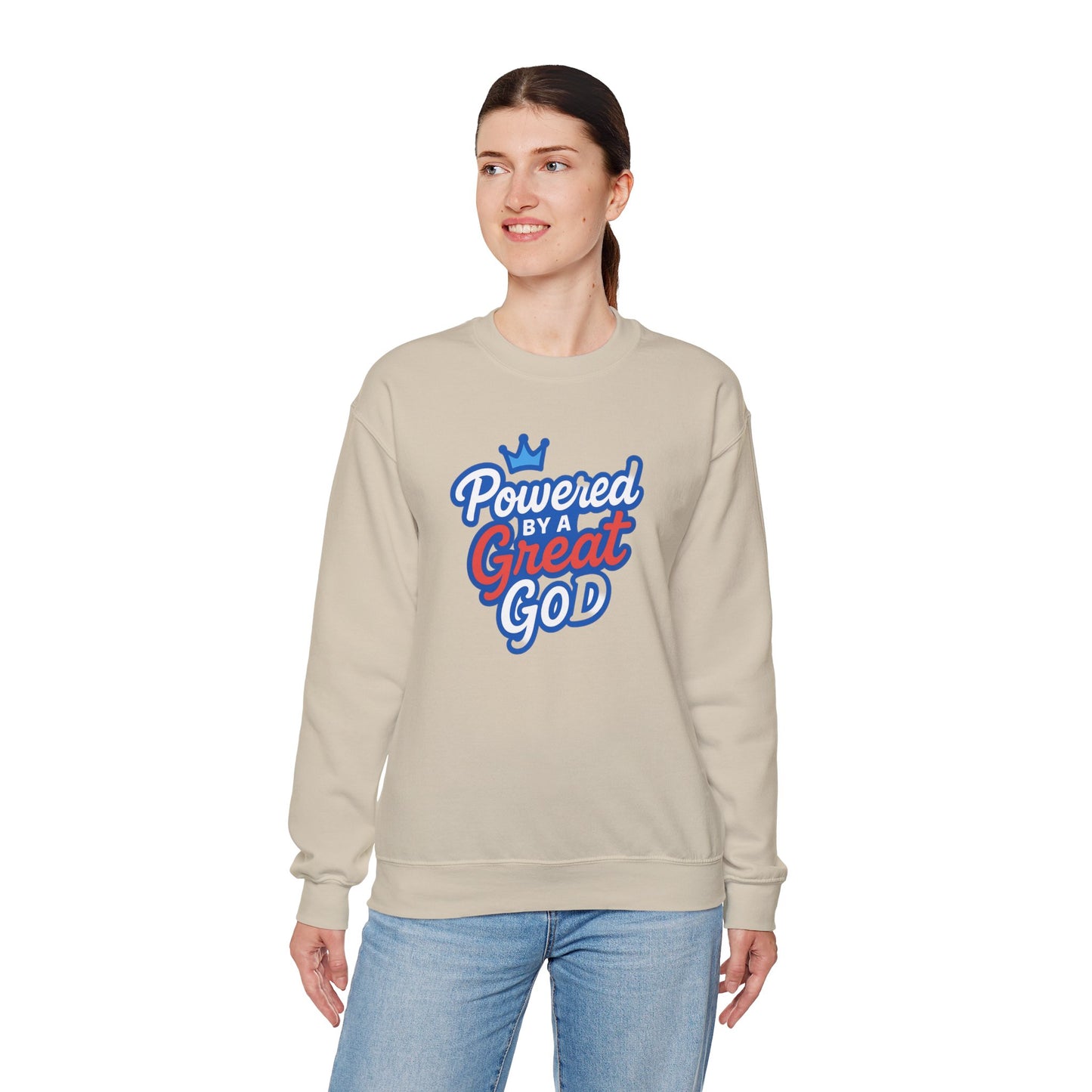 Powered by a Great God Crewneck Sweatshirt — Christian Faith Graphic Sweatshirt