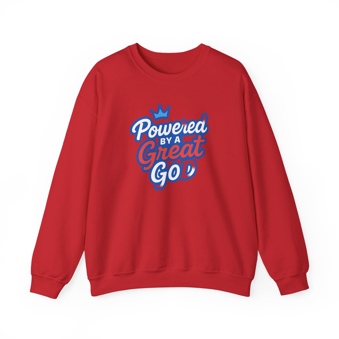 Powered by a Great God Crewneck Sweatshirt — Christian Faith Graphic Sweatshirt