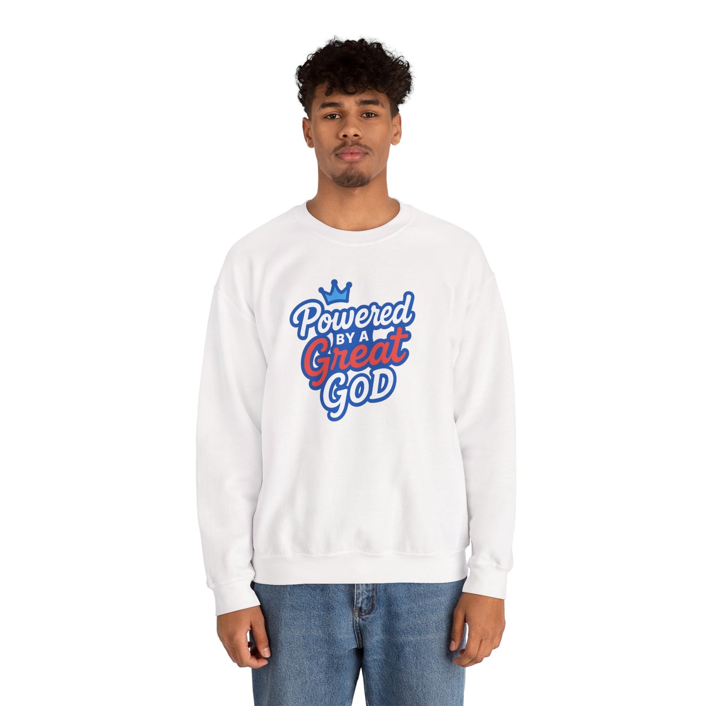 Powered by a Great God Crewneck Sweatshirt — Christian Faith Graphic Sweatshirt
