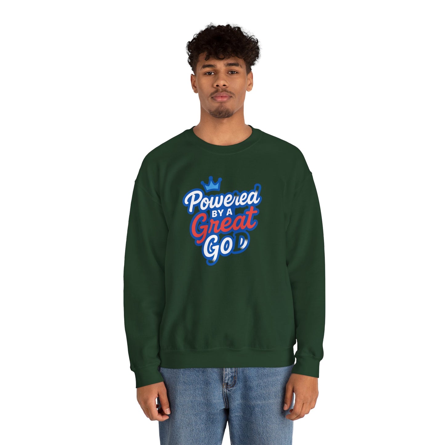 Powered by a Great God Crewneck Sweatshirt — Christian Faith Graphic Sweatshirt