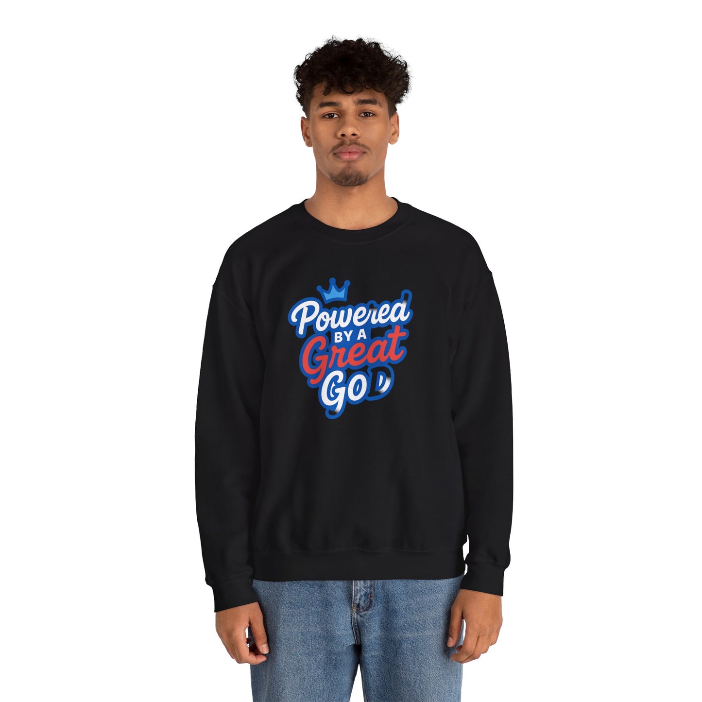 Powered by a Great God Crewneck Sweatshirt — Christian Faith Graphic Sweatshirt
