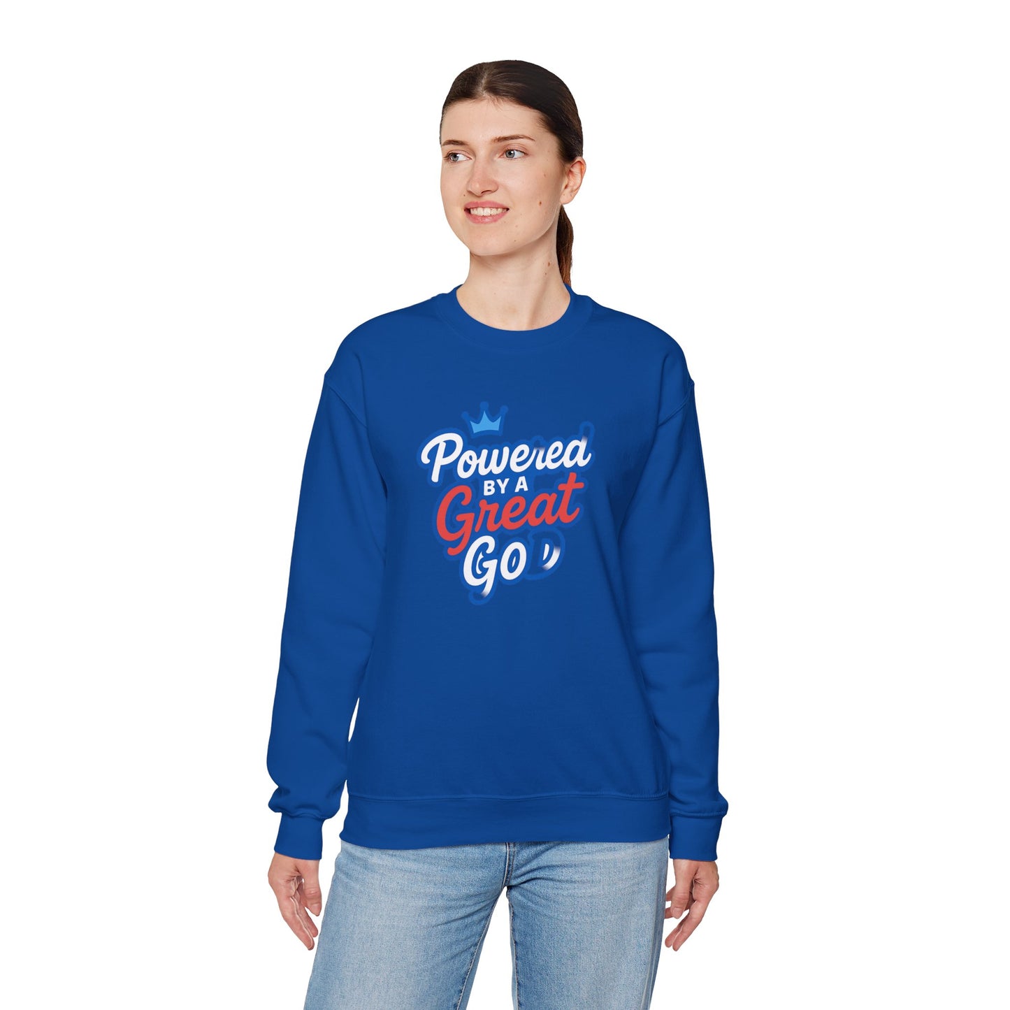 Powered by a Great God Crewneck Sweatshirt — Christian Faith Graphic Sweatshirt