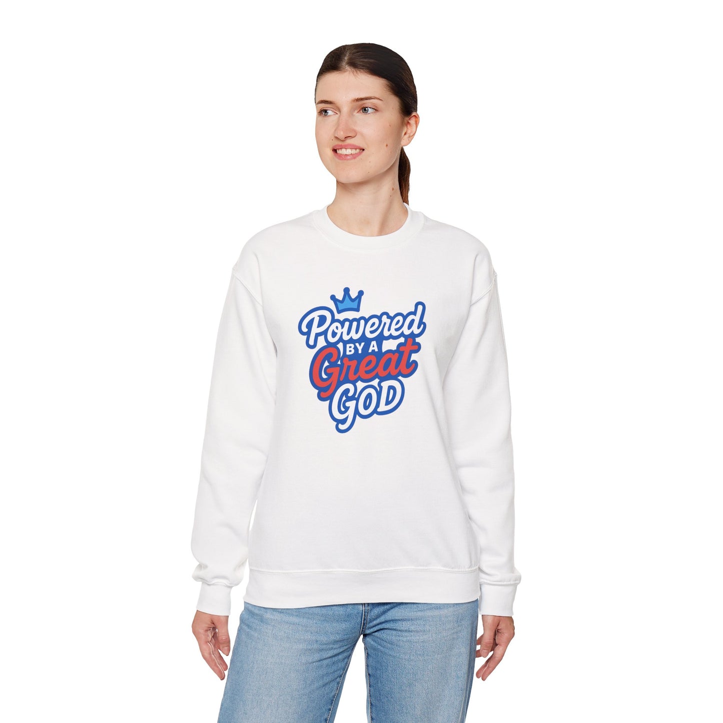 Powered by a Great God Crewneck Sweatshirt — Christian Faith Graphic Sweatshirt